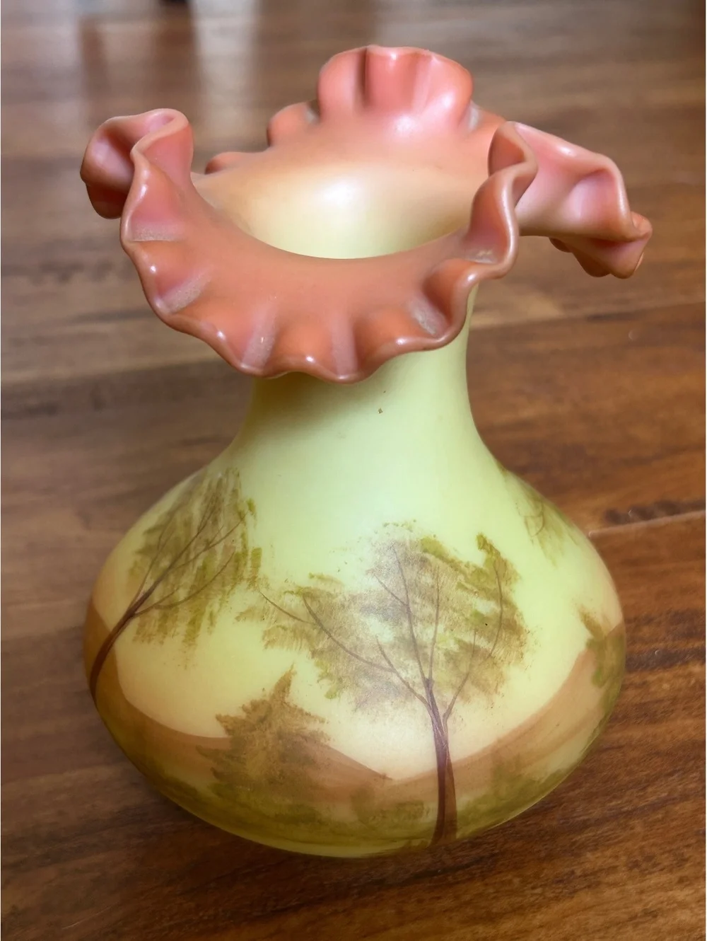 Hand-Painted Louise Piper Ruffled Top Table Vase with Landscape Design